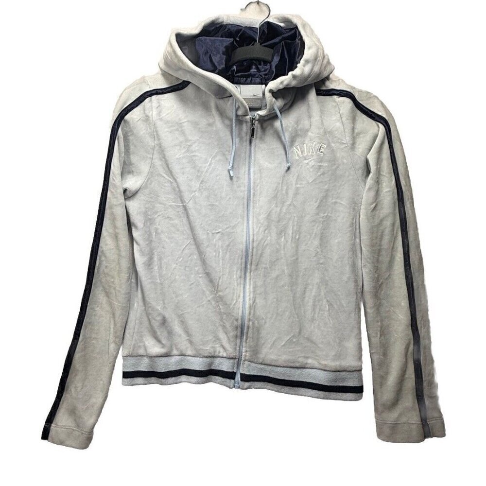 Nike Sportswear Women’s Navy Blue Velour Hooded Track Jacket 297238 S (4-6) Y2K